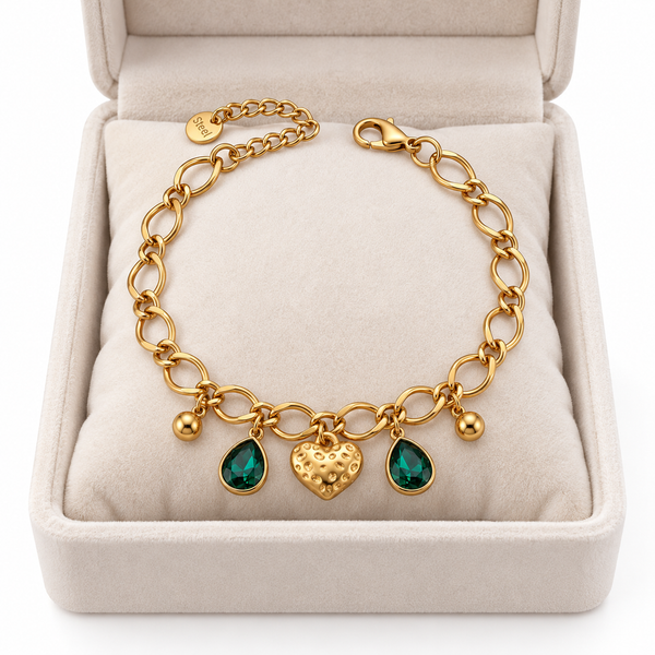 Gold Heart Emerald Drop Bracelet