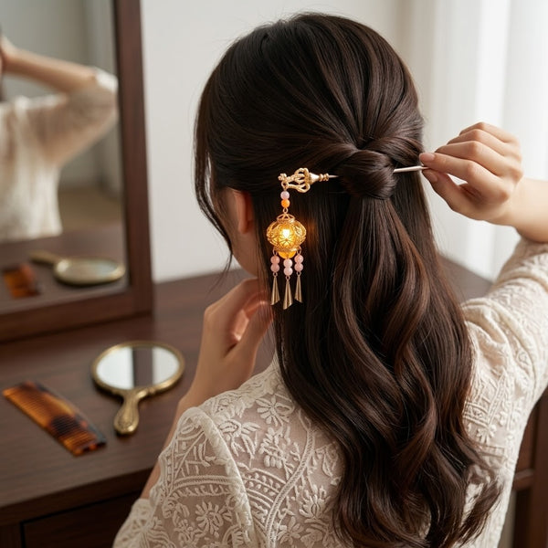 Orchid Fringe Lantern Hairpin hair clip – alternate angle