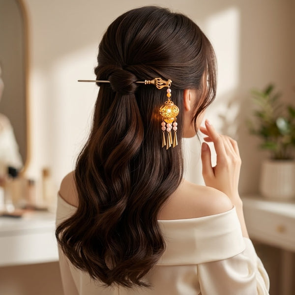 Orchid Fringe Lantern Hairpin hair clip shown with Fix My Hairs gift packaging