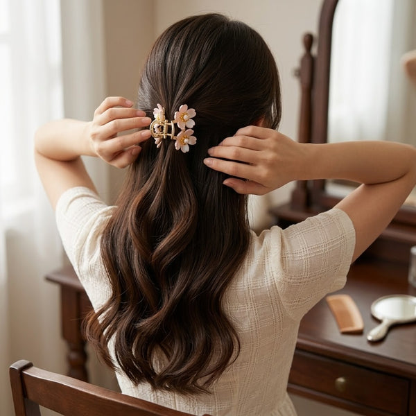 White Petals Mini Hair Claw hair claw clip worn on model – styled for women