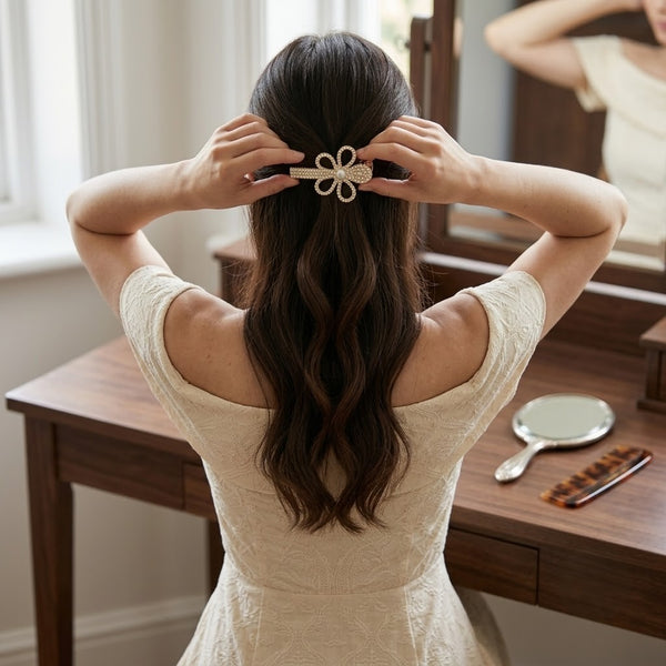 Rhinestone Studded Flower Hair Pin hair clip – alternate angle