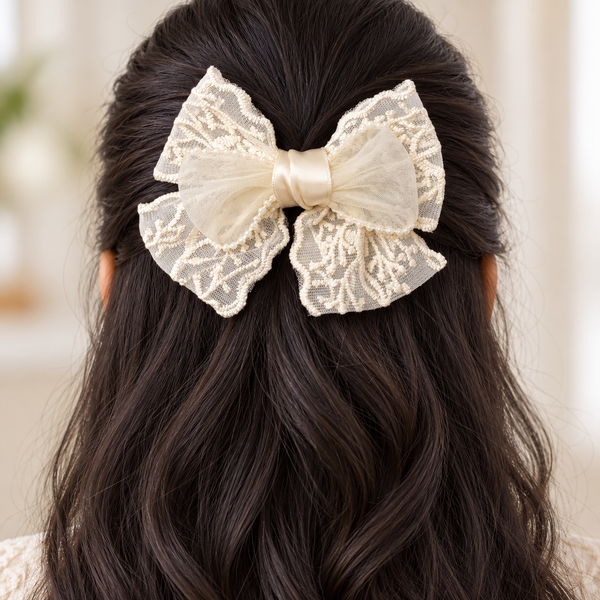 Embroidered Lace White Hair Bow Clip