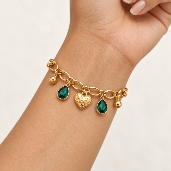 Gold Heart Emerald Drop Bracelet