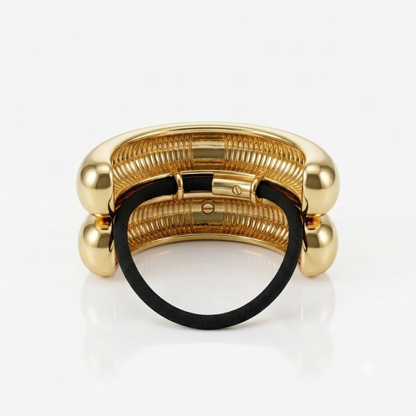 Wide Double Arch Metal Ponytail Hair Tie | Gold worn on model – styled for women