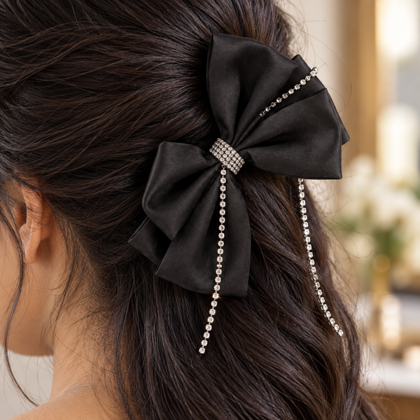 Black Satin Rhinestone Tassel Bow Clip