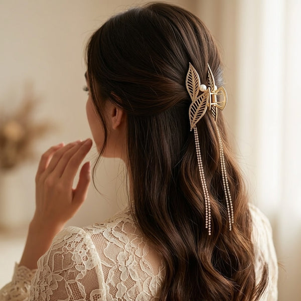Rhinestone Tassel Leaf Hair Claw hair claw clip shown with Fix My Hairs gift packaging