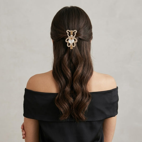 Rhinestone Studded Teddy Hair Pin hair clip shown with Fix My Hairs gift packaging
