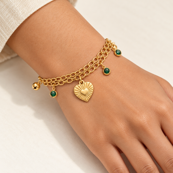 Gold Ray Heart Dual Layer Bracelet