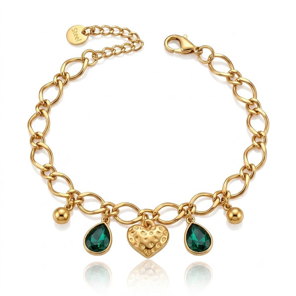 Gold Heart Emerald Drop Bracelet