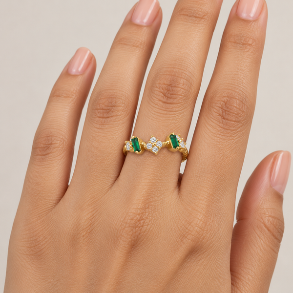 Zircon Flower Emerald Ring