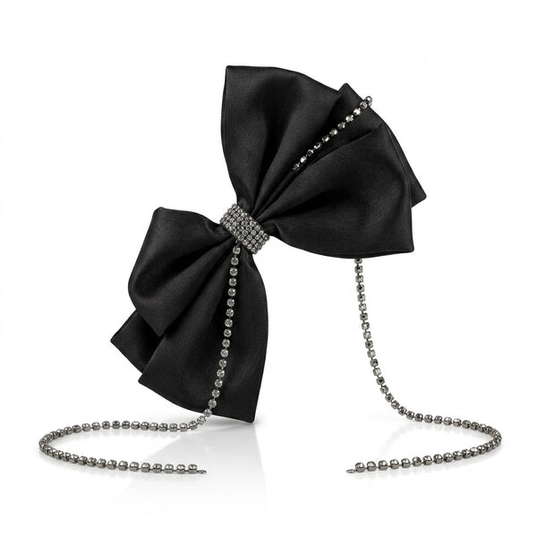 Black Satin Rhinestone Tassel Bow Clip