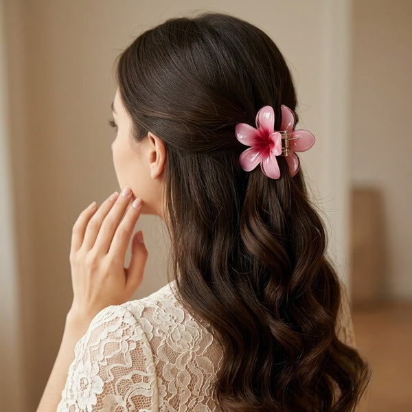 Pink Plumeria Flower Hair Clip hair claw clip – alternate angle
