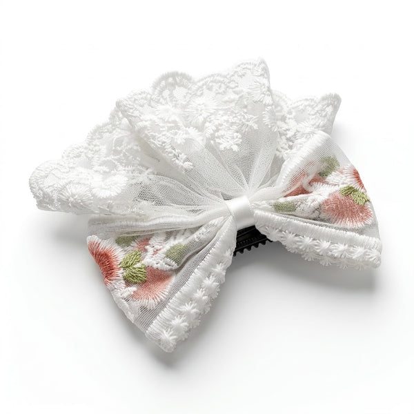 Flower Embroidered White Bow Clip – White hair bow for women by Fix My Hairs