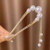 Gold U-Shaped Pearl Hair Fork with Tassel Chains hair stick worn on model – styled for women