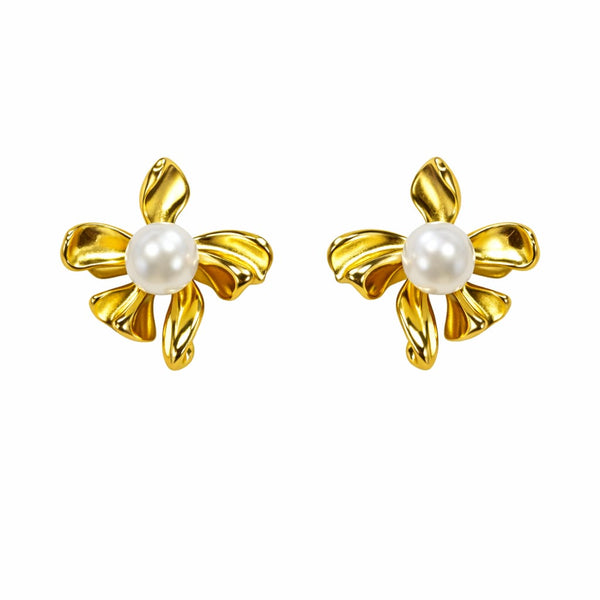 Gold Flower with Pearl Earrings