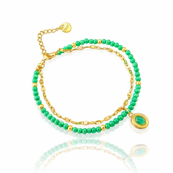 Double Chain Green Beads Bracelet