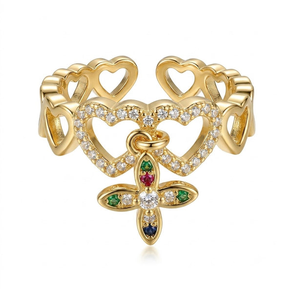 Heart Link Cross Charm Ring