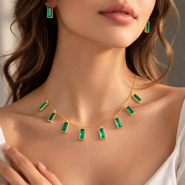 Emerald Rectangular Crystal Necklace with Earrings