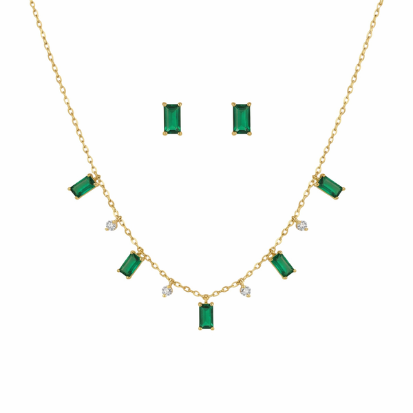 Emerald Rectangular Charm Necklace with Earrings