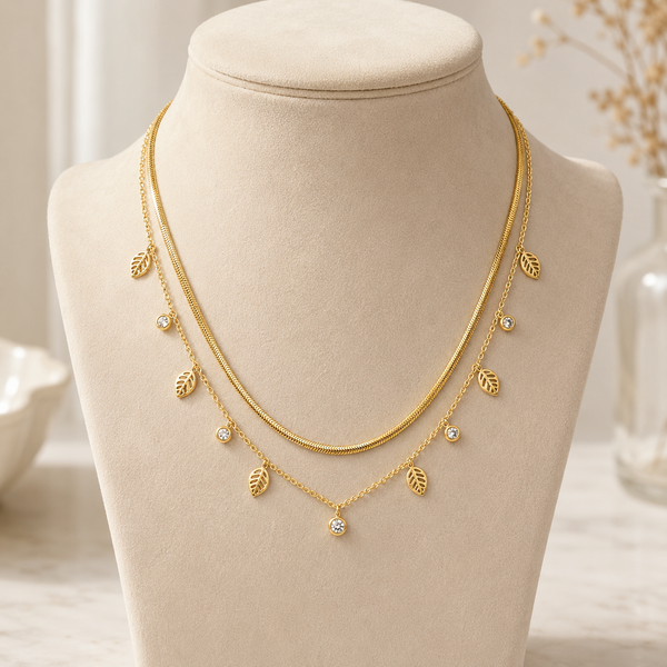 Dual Layer White Crystal Leaf Necklace