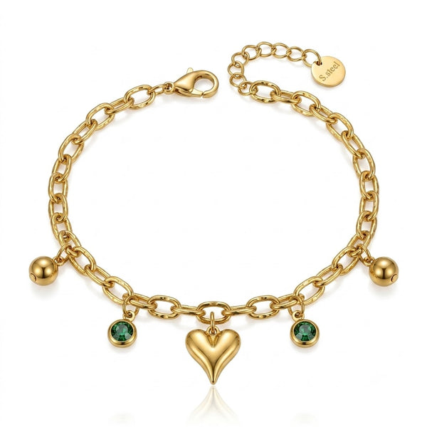 Gold Heart Emerald Charm Bracelet