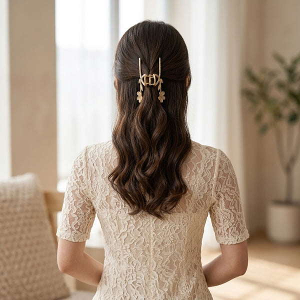 Diamante Flower Hair Claw hair claw clip worn on model – styled for women