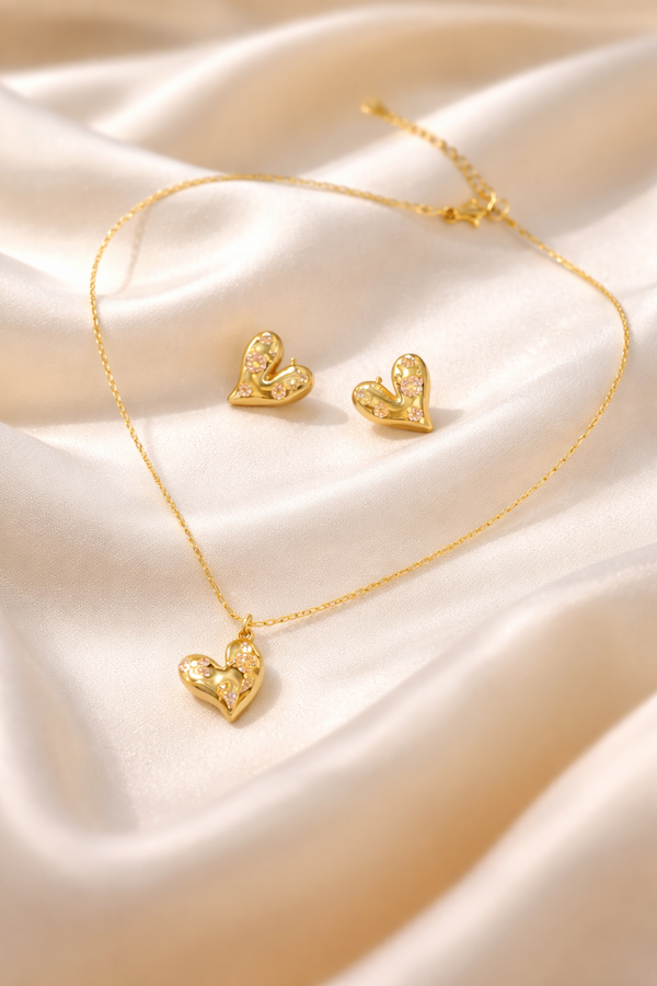 Crystal Studded Heart Necklace with Earrings