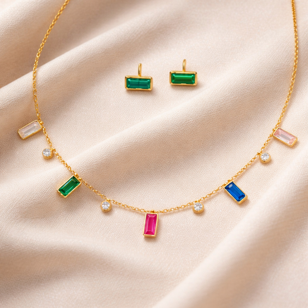 Rainbow Long Charm Necklace and Earrings