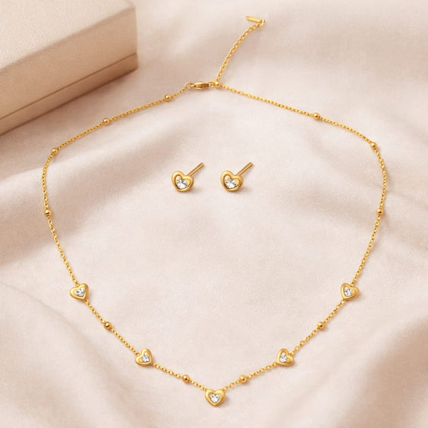 Tiny Stone Heart Necklace with Earrings