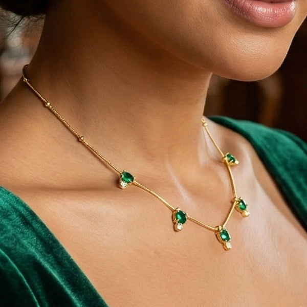 Emerald Stone Charms Necklace with Earrings