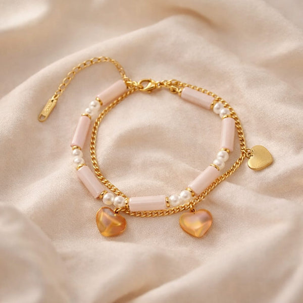 Dual pink chain gold heart bracelet