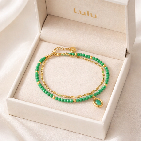 Double Chain Green Beads Bracelet