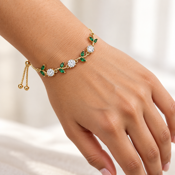 Crystal Emerald Leaf Adjustable Bracelet