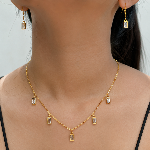 Delicate Drop Rectangle Charm Necklace with Earrings