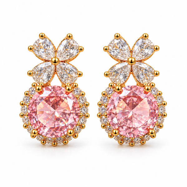 Pink Ball Crystal Flower Earrings