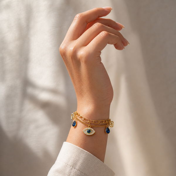 Dual Chain Evil Eye Studded Bracelet