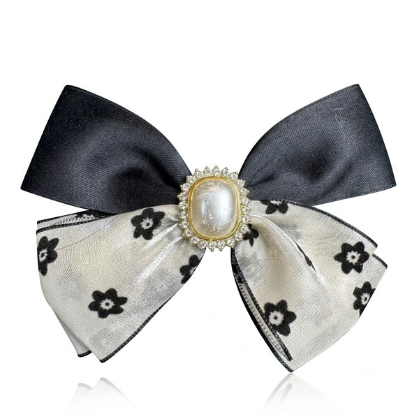Elegent Pearl Stud B&W Bow Clip