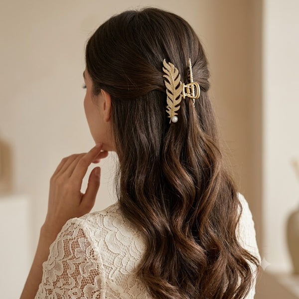 Gold Pearly Leaf Hair Clip hair barrette worn on model – styled for women