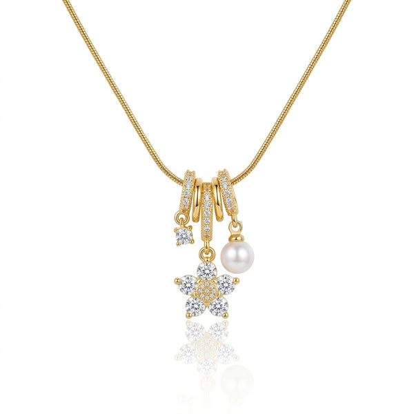 Crystal Flower Pearl Charm Necklace