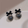 Black Bow Zirconia Crystal Heart Earrings