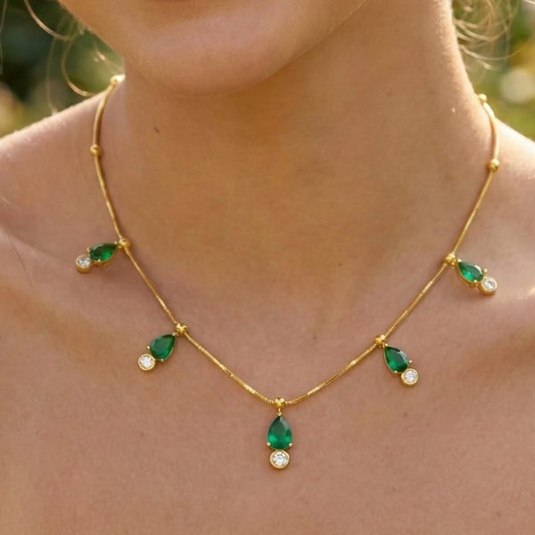 Emerald Crystal Teardrops Chain Necklace with earrings