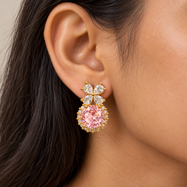 Pink Ball Crystal Flower Earrings
