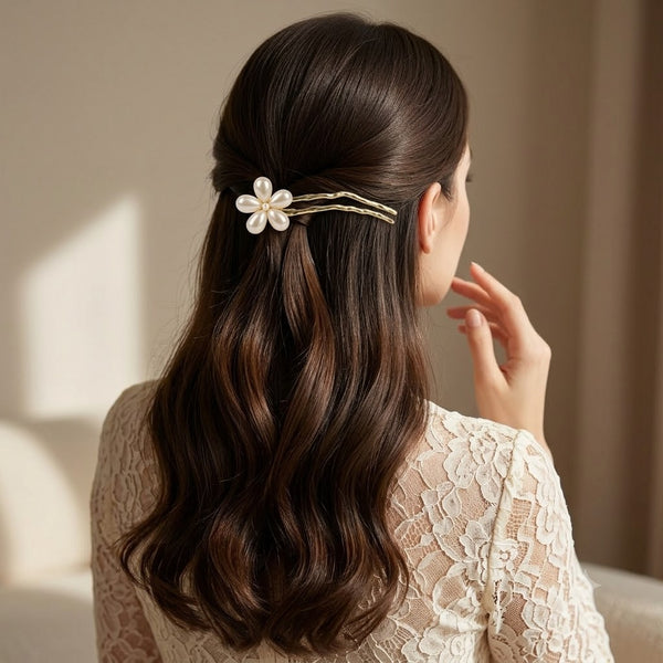 Close-up of the Pearl Flower Hair Fork showing floral motif