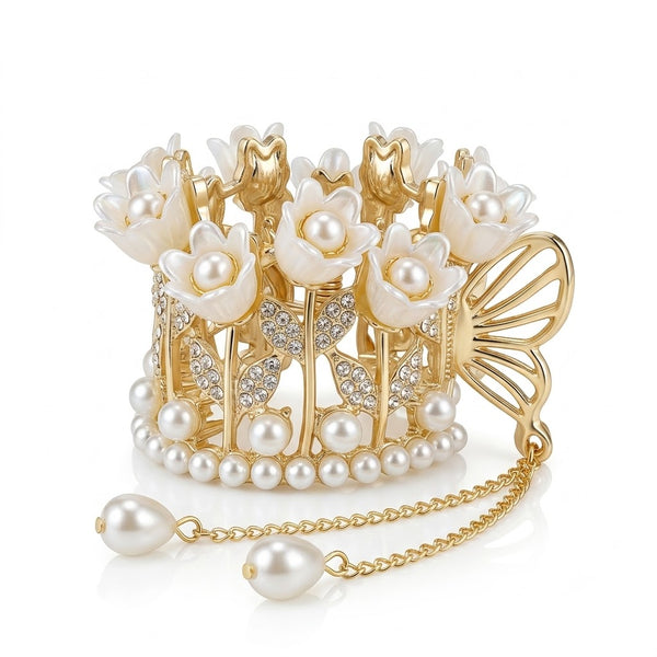 Embellished White Tulip Hair Claw – White hair claw clip for women by Fix My Hairs