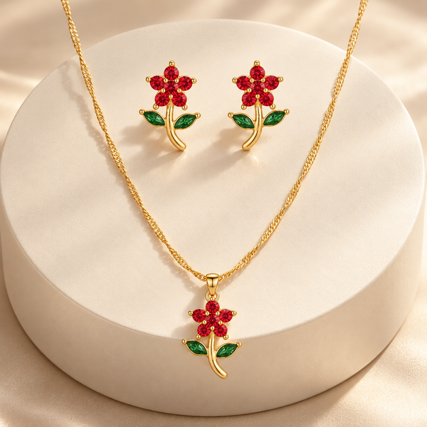 Ruby Flower Necklace with Earrings
