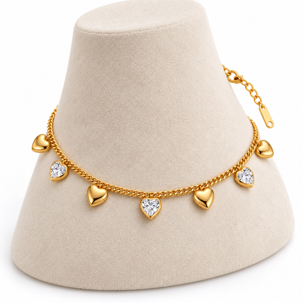 Gold Crystal Heart Charm Anklet