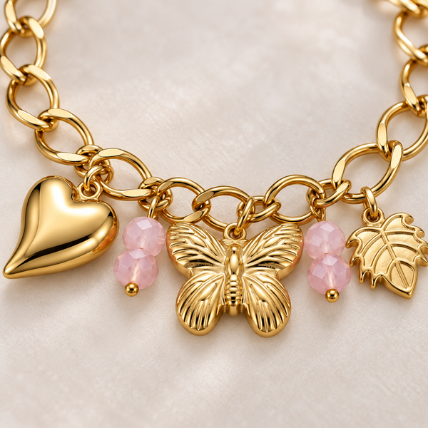 Gold Butterfly Pink Charm Bracelet