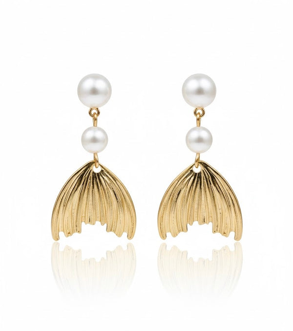 Mermaid tail and pearl dangle earrings