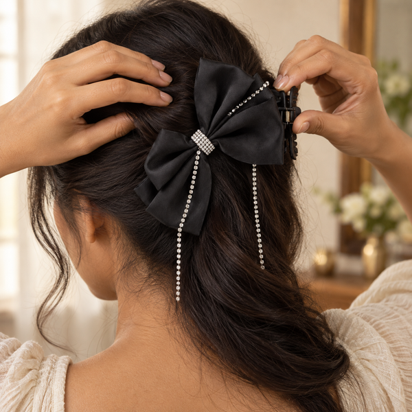 Black Satin Rhinestone Tassel Bow Clip