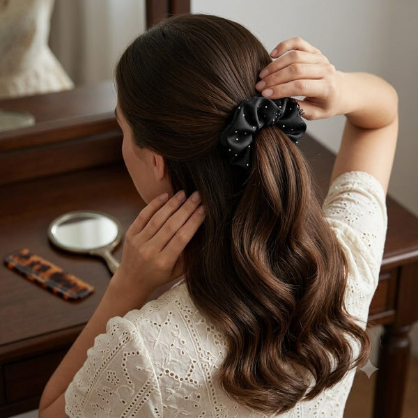 Close-up detail of the Vogue Rhinestone Scrunchie jewellery